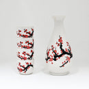 White Pink Sakura Cherry Blossom Porcelain Sake Flask And 4 Ochoko Cups Set