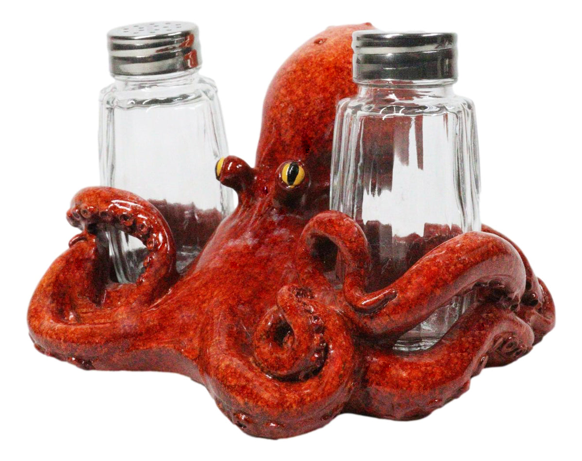 Red Spotted Nautical Marine Cephalopod Octopus Salt Pepper Shakers Holder Set