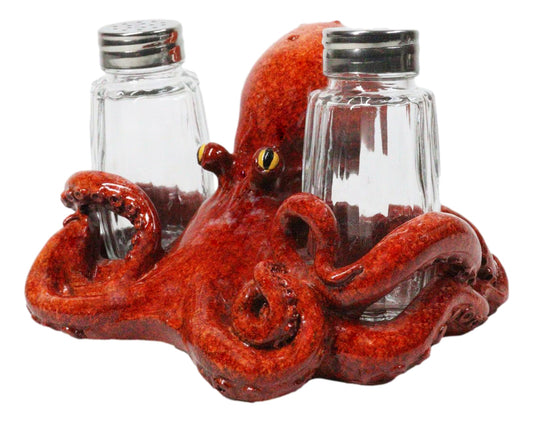Red Spotted Nautical Marine Cephalopod Octopus Salt Pepper Shakers Holder Set