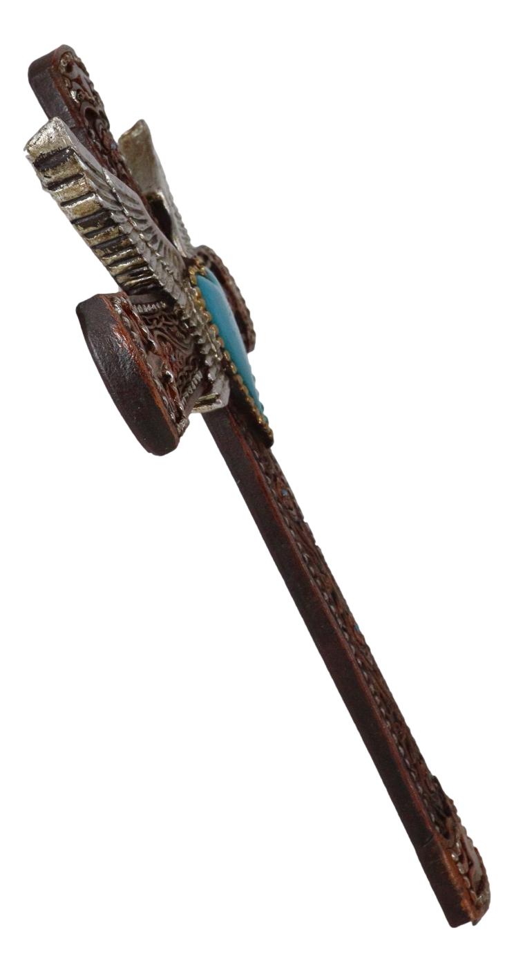 Western Boho Chic Turquoise Heart Angel Wings Tooled Floral Leather Wall Cross - Ebros Gift