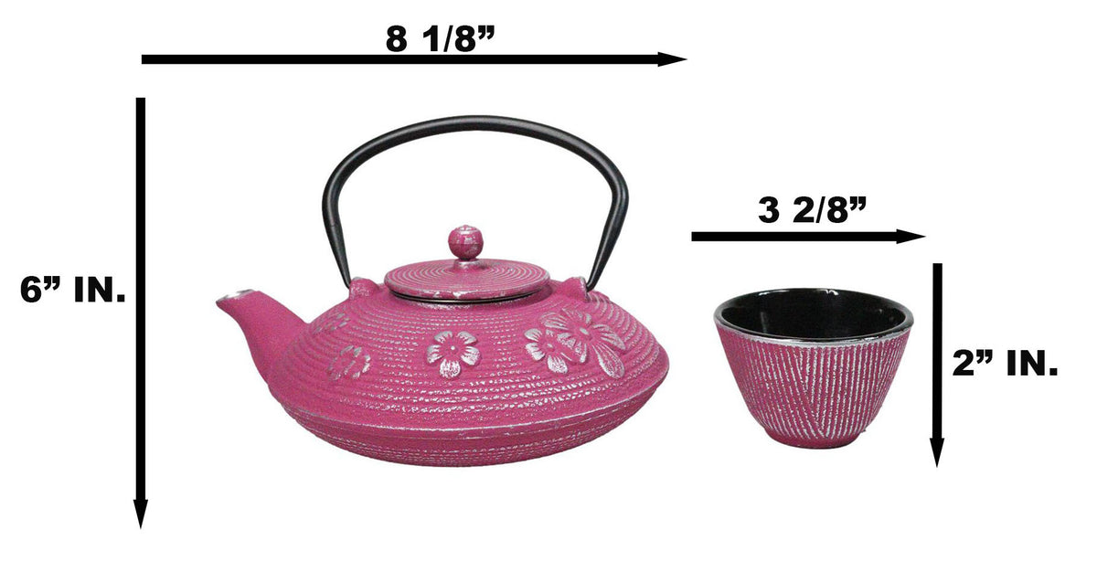 Magenta Ume Plum Floral Blossoms Tetsubin 27oz Cast Iron Tea Pot With 4 Cups Set