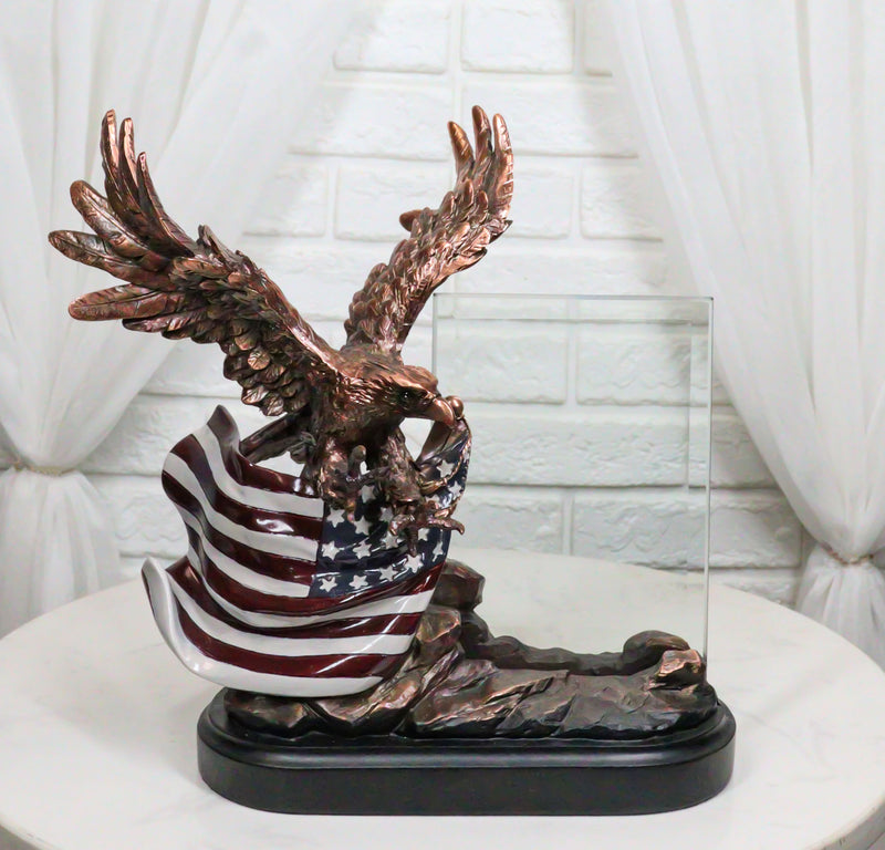 Patriotic American Bald Eagle Perching On Flag Photo Frame Bronze Resin Figurine