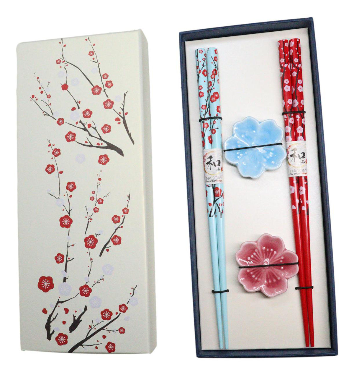 Red Blue Sakura Cerry Blossoms Flowers Set of 2 Chopsticks And Ceramic Rests Set
