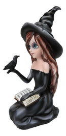 Gothic Pretty Enchantress Witch Holding Spell Book And Black Raven Crow Figurine