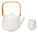 White Marble Vein Porcelain 22oz Teapot And 2 Tea Cups With Bamboo Tray Set