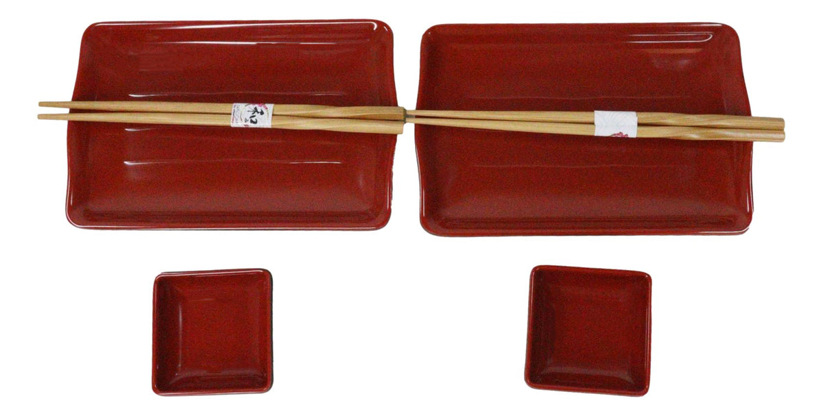 Red Black Melamine Wavy Sushi Plates Sauce Dishes And Chopsticks Set Serves 2