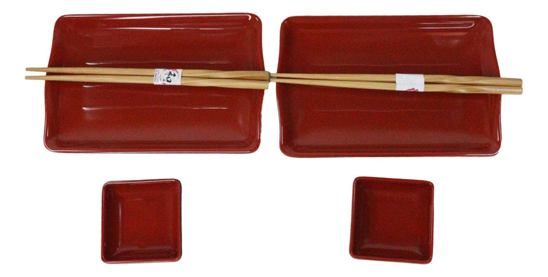 Red Black Melamine Wavy Sushi Plates Sauce Dishes And Chopsticks Set Serves 2