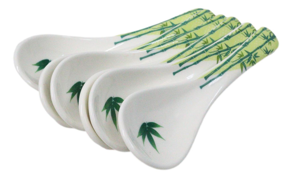 Set of 6 Green Bamboo Porcelain Asian Soup Spoons Japanese Ramen Pho Wonton