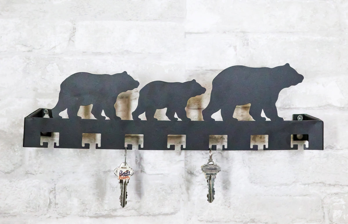 Rustic Western Black Bear Family Multi Pegs Metal Wall Key Hooks Decor Plaque