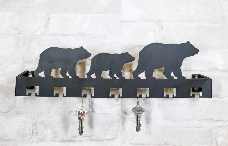 Rustic Western Black Bear Family Multi Pegs Metal Wall Key Hooks Decor Plaque