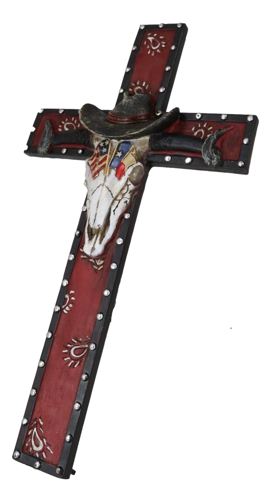 Rustic Western Patriotic Longhorn Cow Skull With USA Texas Flags Hat Wall Cross