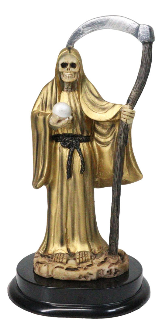 Gold Robe Santa Muerte With Scythe Patroness Of Wealth Decorative Figurine 5"H