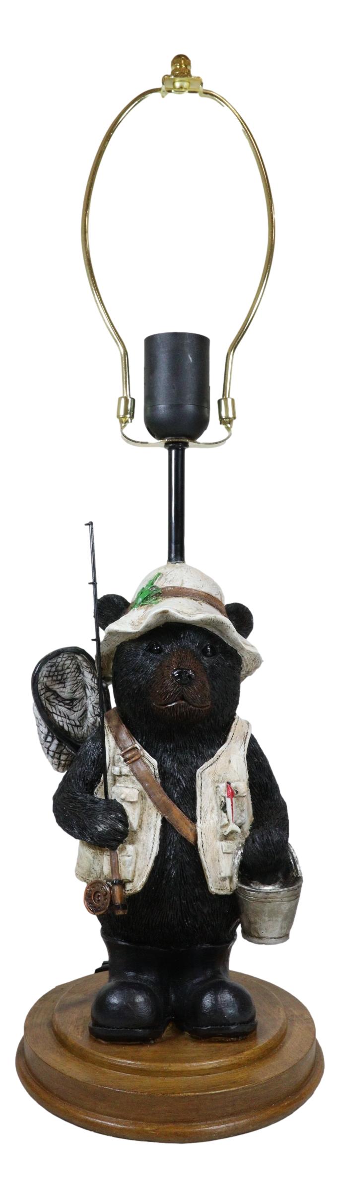 Camping Fisherman Angler Bear Going Fishing With Pole Net And Bucket Table Lamp