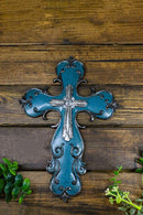 Southwest Rustic French Fleur De Lis Scroll in Turquoise Layered Wall Cross