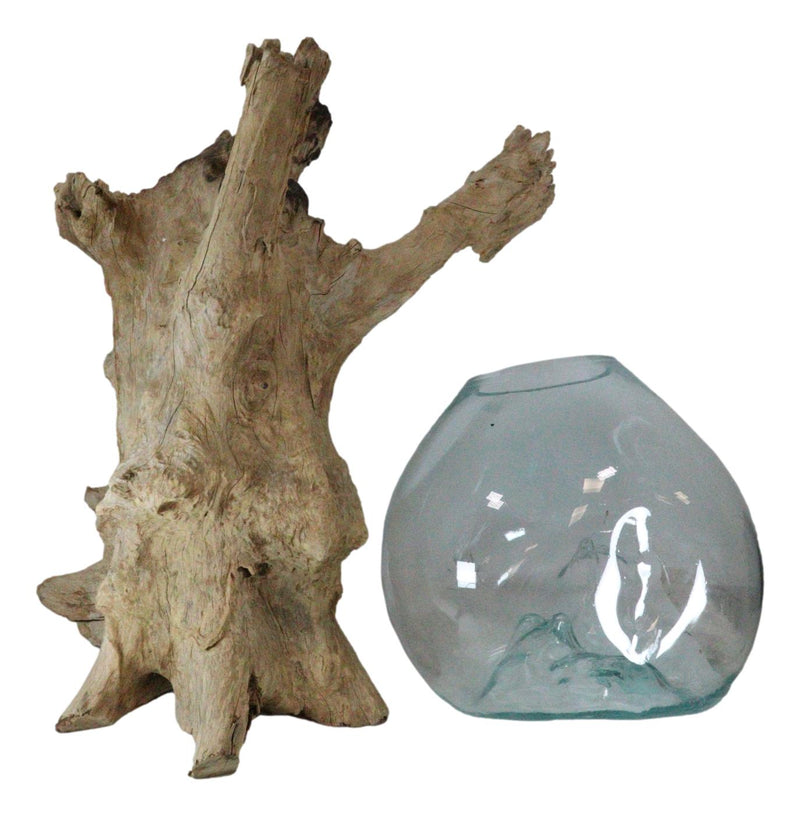 Large 28"H Bali Handicraft Driftwood With Molten Glass Bowl Vase Aquarium Decor