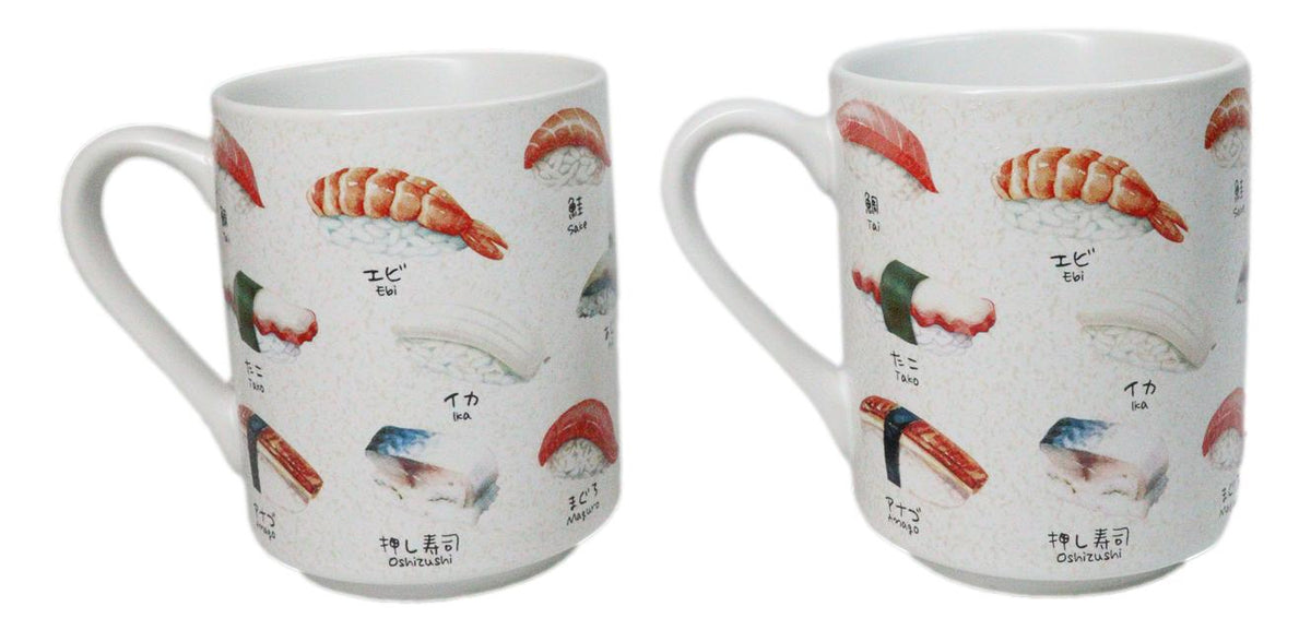 Set Of 2 Japanese Cuisine Sushi Sashimi And Rolls Textured Ceramic Mug Cups 11oz