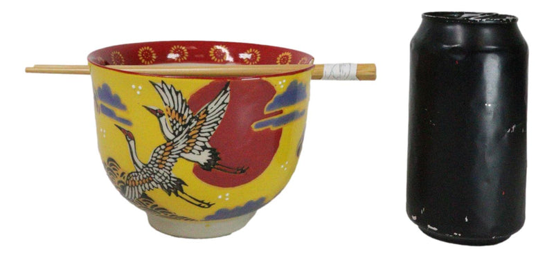 Japanese Cranes With Red Moon Yellow Donburi Ramen Soup Bowl With Chopsticks Set