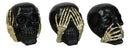 Set Of 3 Gothic Black See Hear Speak No Evil Skulls Golden Hands 3"H Figurines