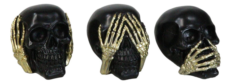 Set Of 3 Gothic Black See Hear Speak No Evil Skulls Golden Hands 3"H Figurines