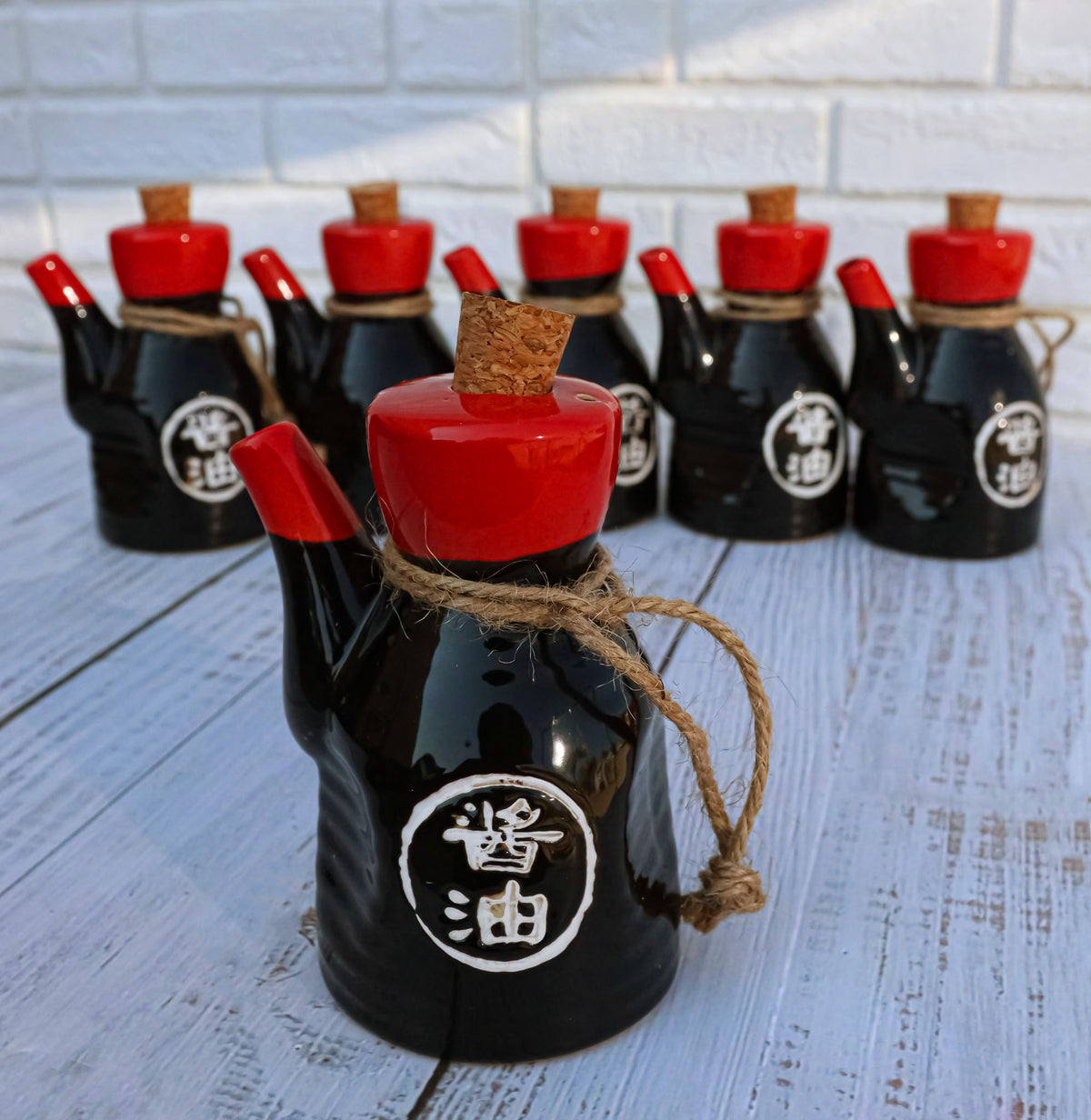 Pack of 6 Porcelain Calligraphy Soy Sauce Vinegar Condiment Dispenser Flask 7oz