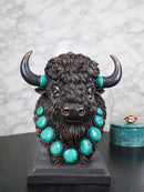 Rustic Western Buffalo Bust Figurine with Turquoise-Style Neck Ornaments & Horns