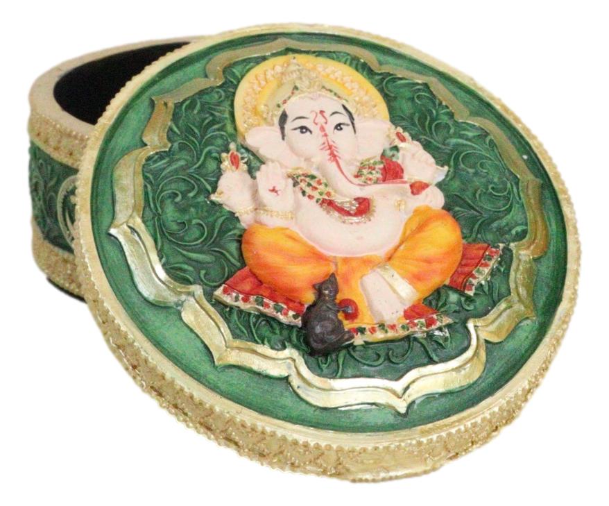 Ganapati Lord Ganesha Mandala Flower And Ohm Sign Decorative Round Trinket Box - Ebros Gift