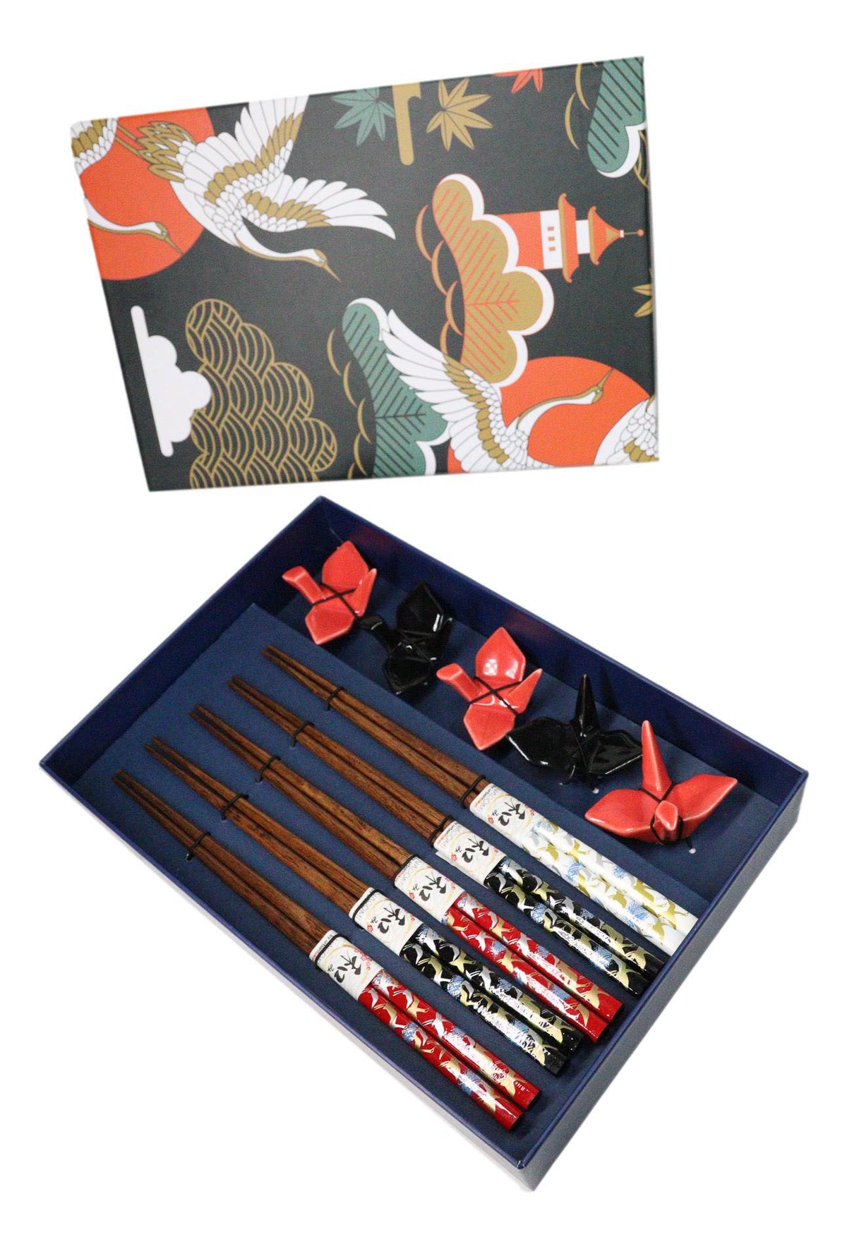 5 Pairs Of Red Black Japanese Cranes Ceramic Rests With Wooden Chopsticks Set