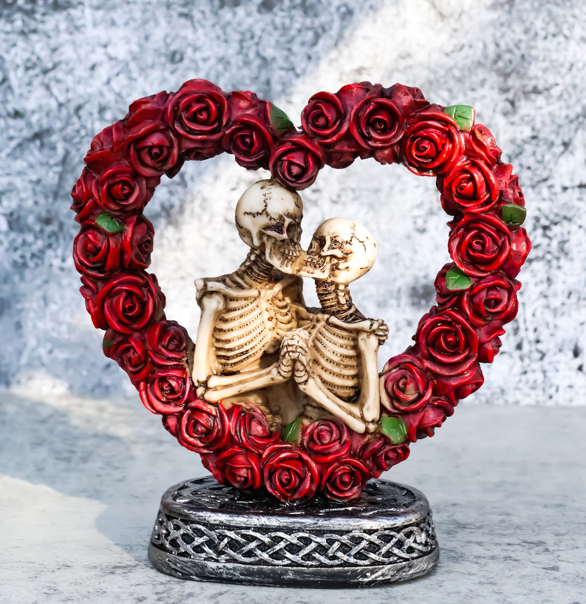 Love Never Dies Roses On Heart Wreath Kissing Skeleton Couple Bronzed Figurine - Ebros Gift