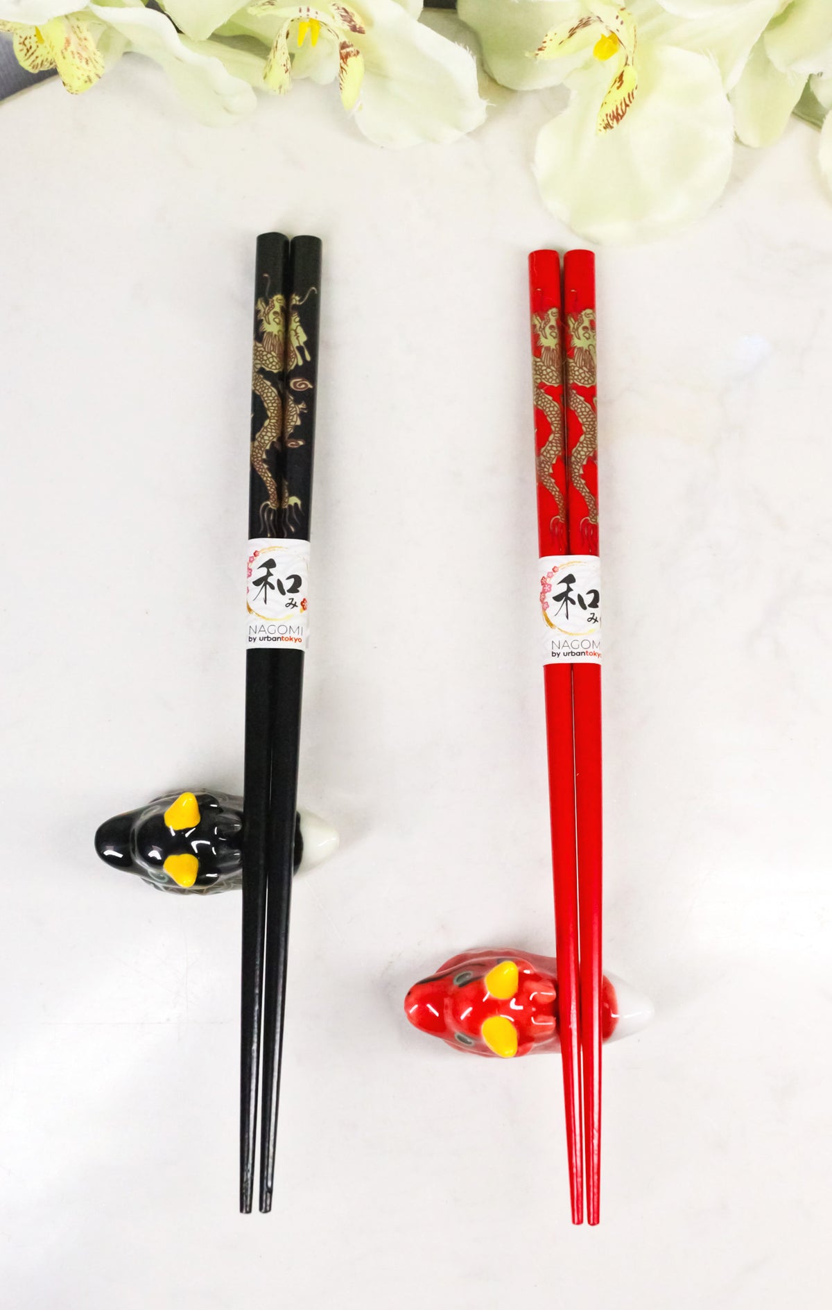 Red And Black Oriental Ryu Dragons Set of 2 Chopsticks And Ceramic Rests Set