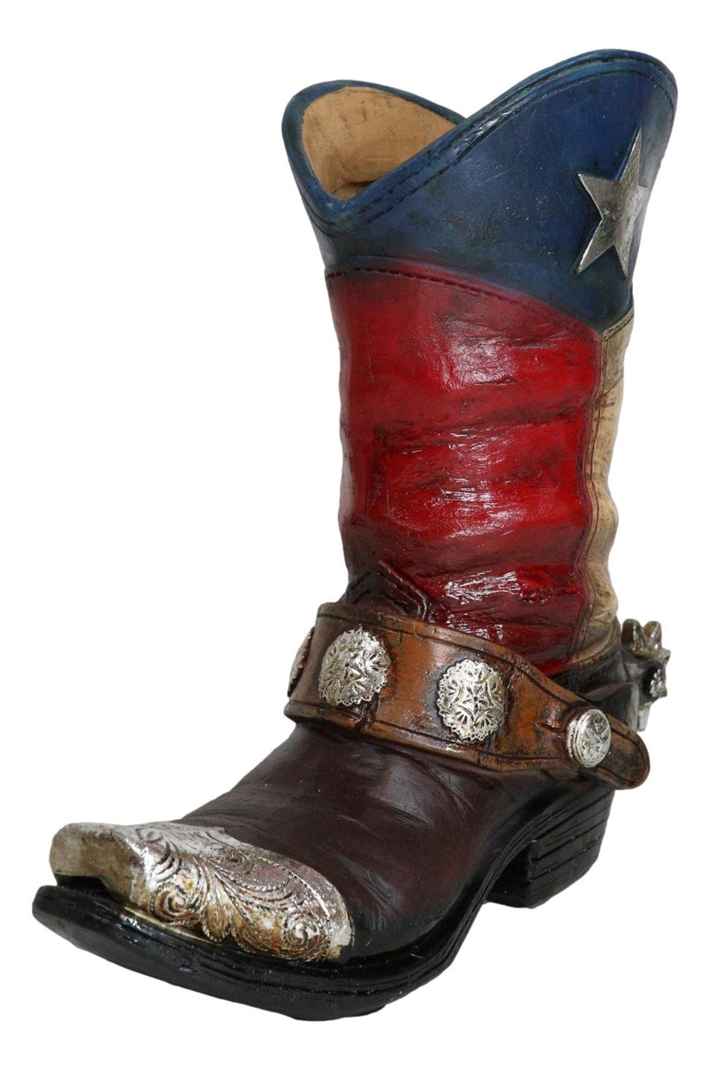 Rustic Western Star Texas Patriot Cowboy Horseshoe Boot With Spur Vase Planter