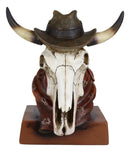 Western Cowboy Horned Cow Skull with Hat and Bandana Scarf Desktop Figurine