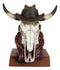 Western Cowboy Horned Cow Skull with Hat and Bandana Scarf Desktop Figurine