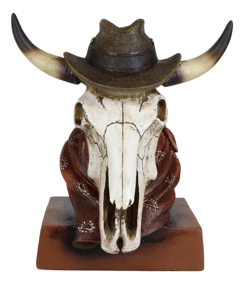 Western Cowboy Horned Cow Skull with Hat and Bandana Scarf Desktop Figurine