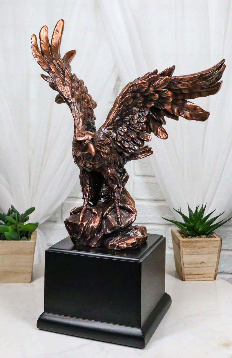 Open Winged American Bald Eagle Landing On Rock Steppes Figurine With Base