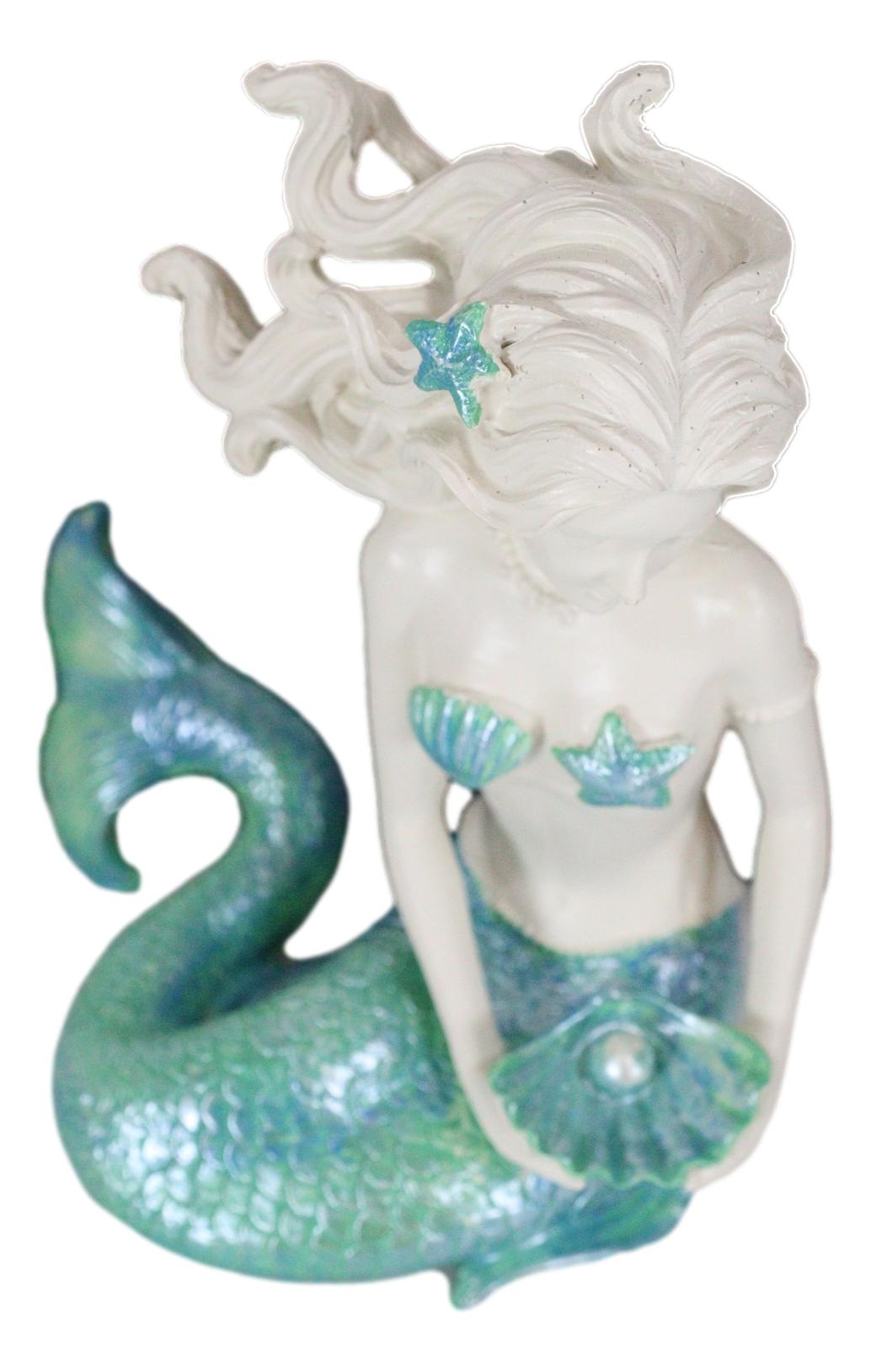 Nautical Aqua Capiz Blue Tailed Mermaid Holding Pearl In Clam