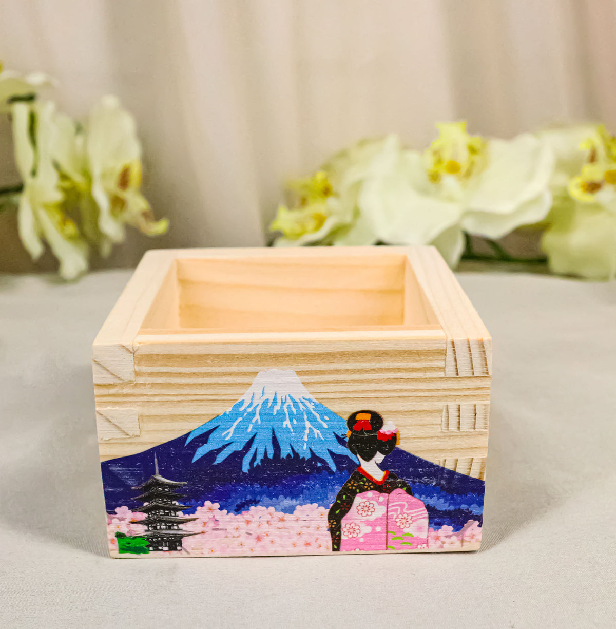 Set Of 3 Pink Sakura Mount Fuji Fujiyama Traditional Masu Square Box Sake Cups