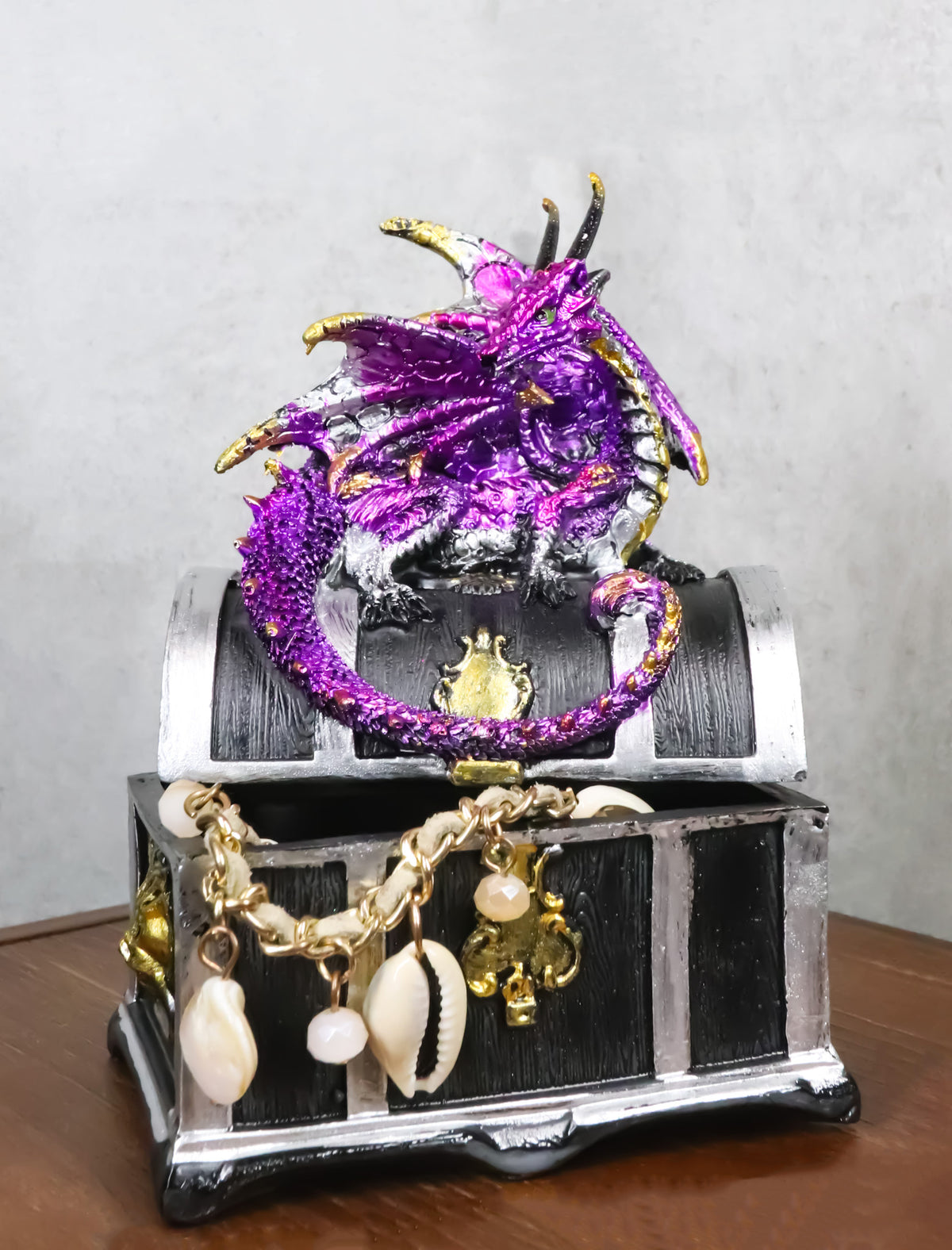 Purple Midnight Dragon Guarding Lion Treasure Chest Small Trinket Box Figurine