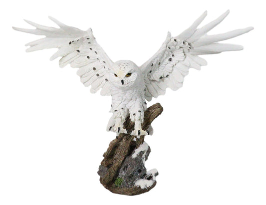 Winter Snowy Owl with Outsretched Wings on Snow-Covered Tree Stump Statue 14"H