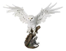 Winter Snowy Owl with Outsretched Wings on Snow-Covered Tree Stump Statue 14"H