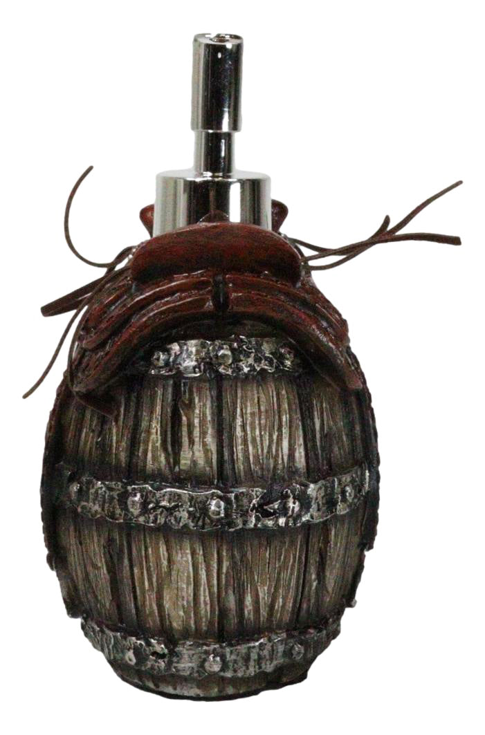 Rustic Western Faux Leather Cowboy Horse Saddle On Barrel Soap Pump Dispenser