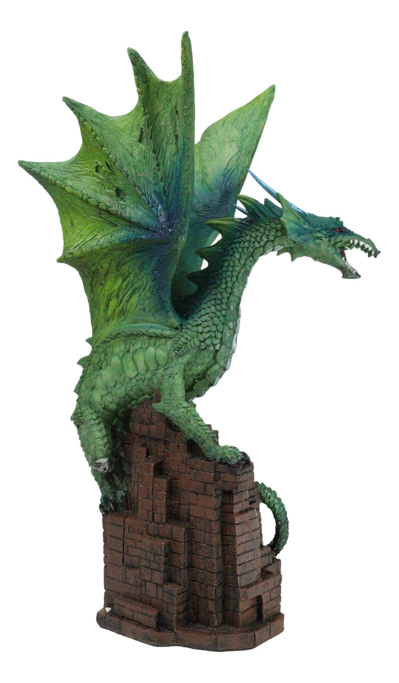 Green Terra Wyvern Monarch Dragon Perching On Medieval Castle Tower Figurine