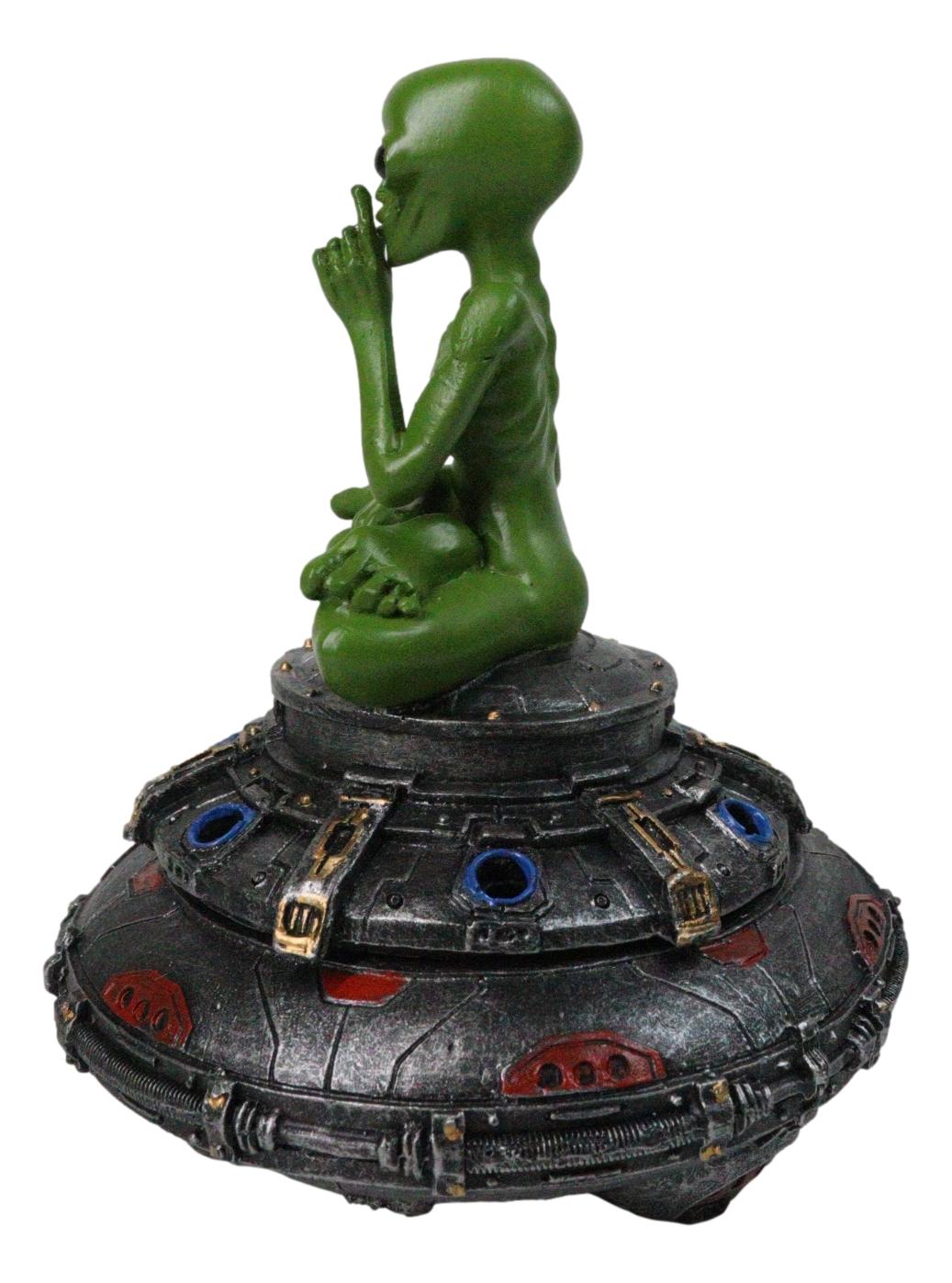 Green Roswell Alien On Spaceship Saucer Incense Burner Decorative Box Figurine