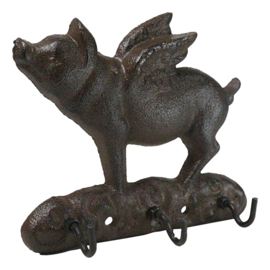 Cast Iron Whimsical Flying Pig Angel 3-Peg Wall Hook Decorative Sculpture - Ebros Gift
