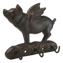 Cast Iron Whimsical Flying Pig Angel 3-Peg Wall Hook Decorative Sculpture