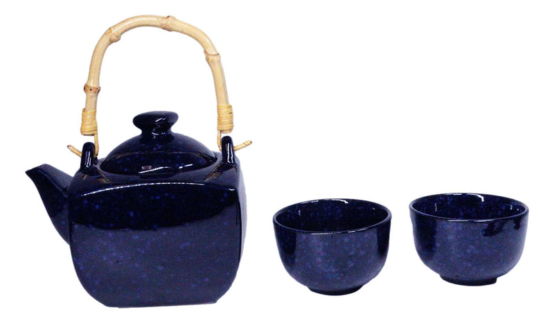 Speckled Navy Blue Zen Fusion Reactive Glaze 32oz Teapot With 2 Tea Cups Set