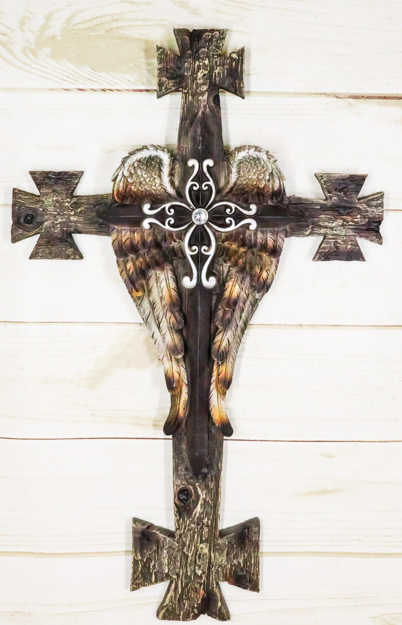 Black Biker Iron Cross With Angel Wings Layered Faux Wooden Wall Cross Plaque