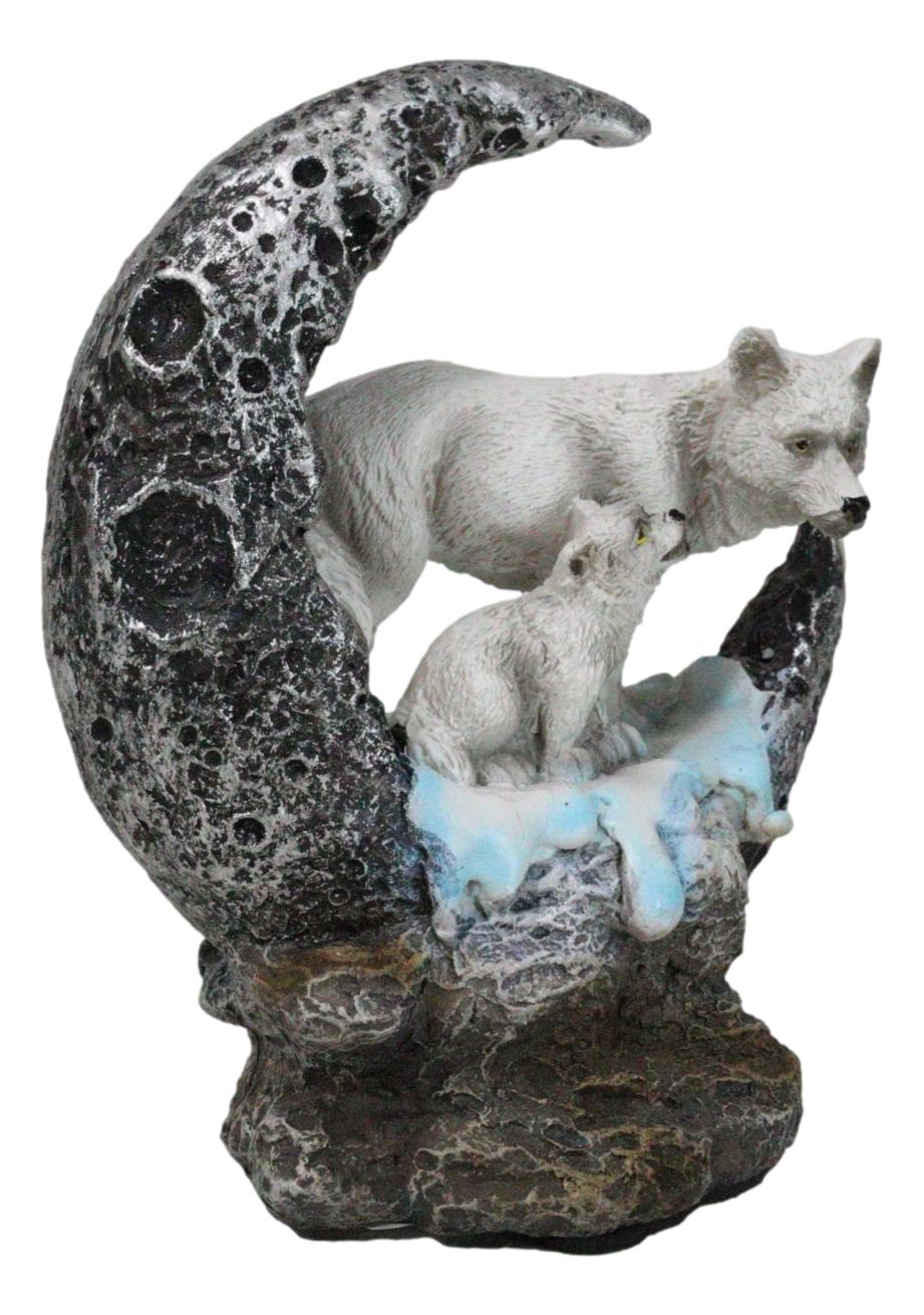 Winter Snow White Wolf With Pup Cub By Snowy Crater Crescent Moon Figurine