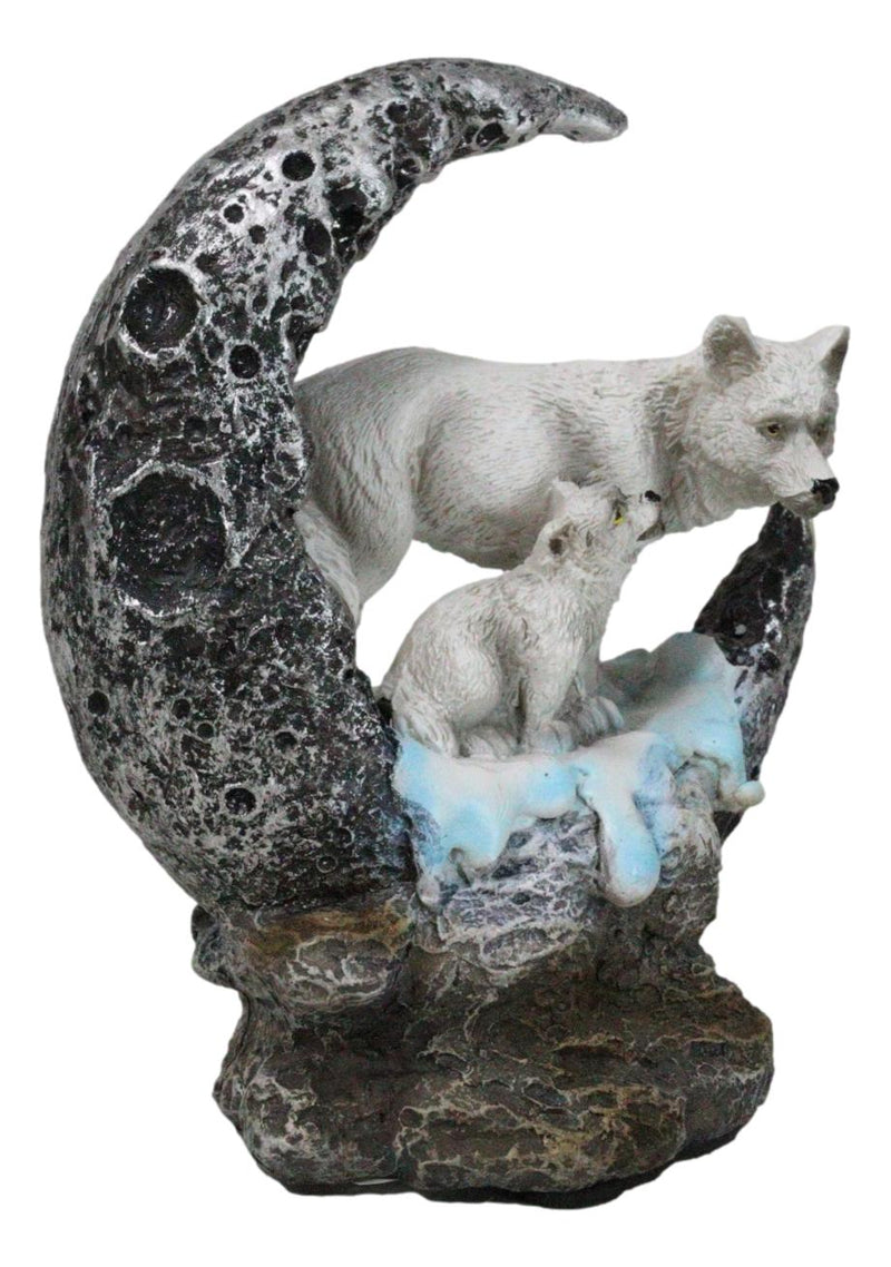 Winter Snow White Wolf With Pup Cub By Snowy Crater Crescent Moon Figurine
