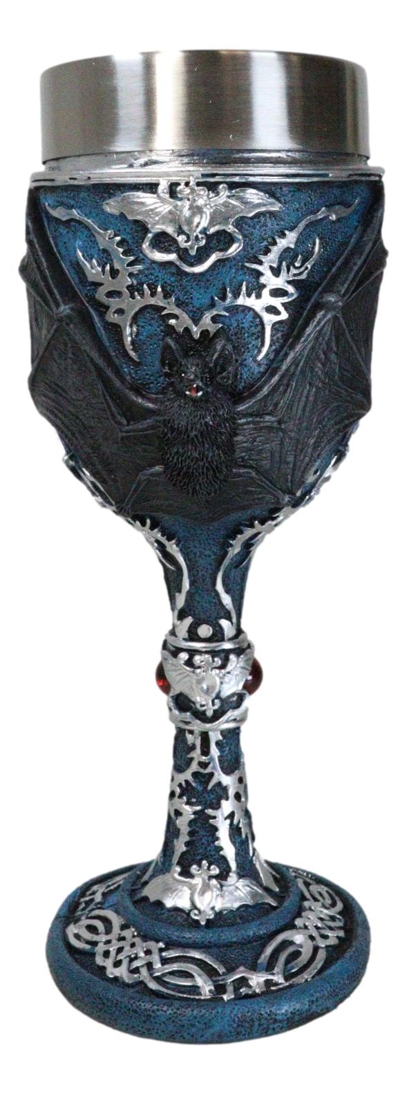 Vampire Flying Bat Blue With Silver Knotwork Scroll Patterns Wine Goblet Chalice