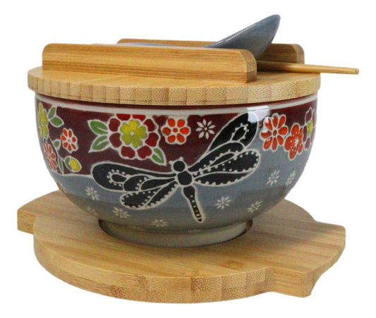 Maroon Tombo Dragonfly Donburi Ramen Bowl With Lid Trivet Spoon Chopsticks Set